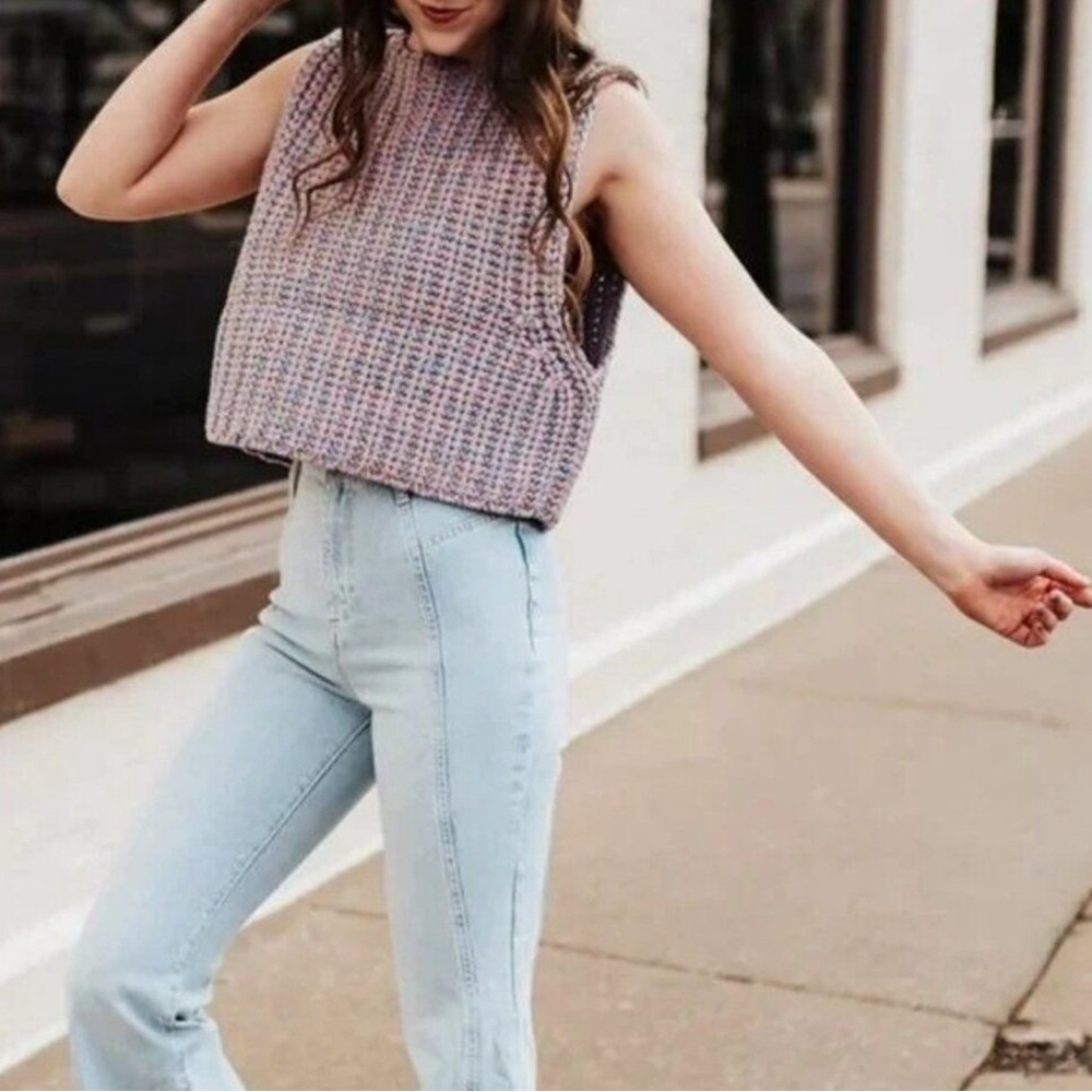 Free People Chunky Knit Cotton blend Crop Purple Hoopla Sweater Vest XS - Picture 2 of 12